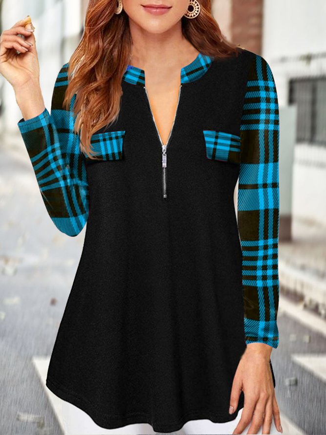 Long sleeve V-neck zipper plain geometric Plaid Top T-shirt Women Grid