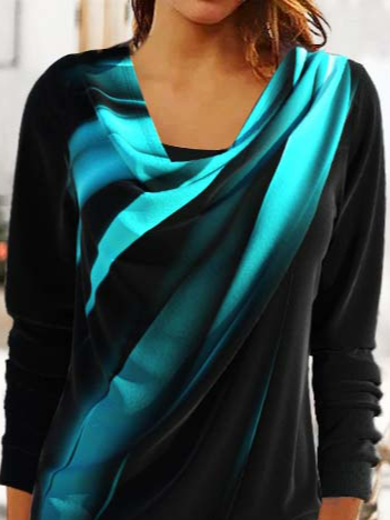 V Neck Casual Fake 2in1 Ombre Cyan Draped Neck Top