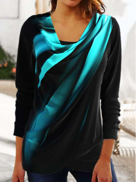 V Neck Casual Fake 2in1 Ombre Cyan Draped Neck Top