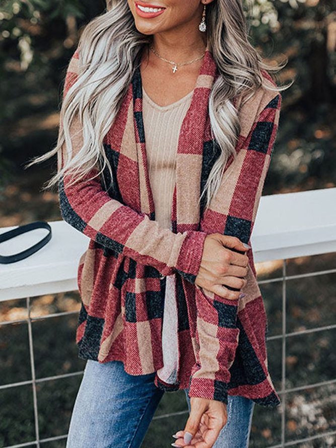 Casual Plaid Print Long Sleeve Open Front Coat