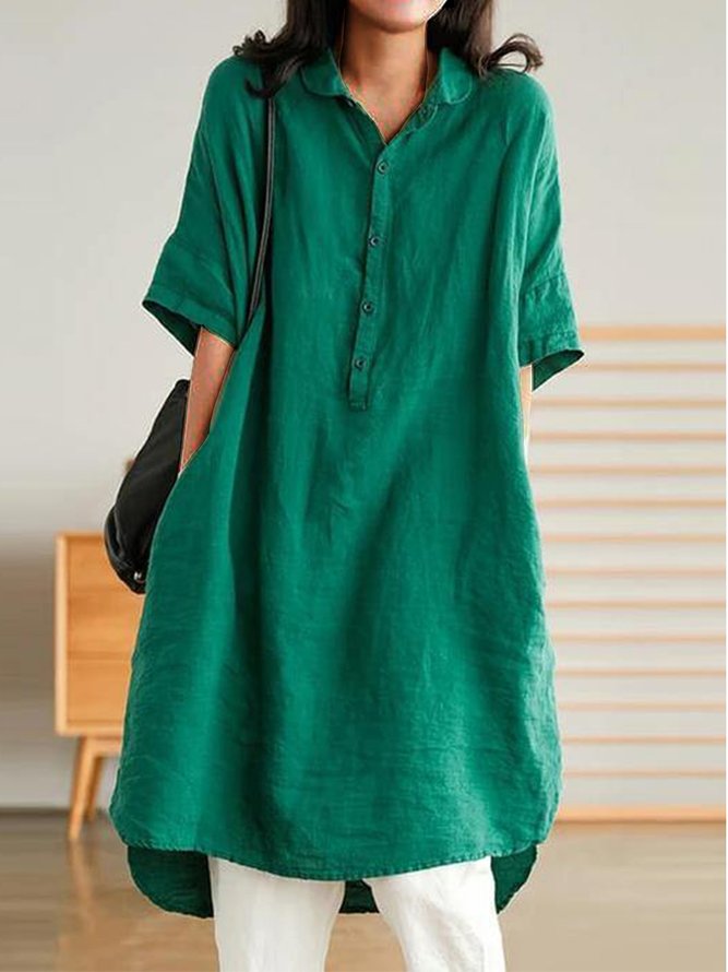 Shawl Collar Casual Cotton Buttoned Dress