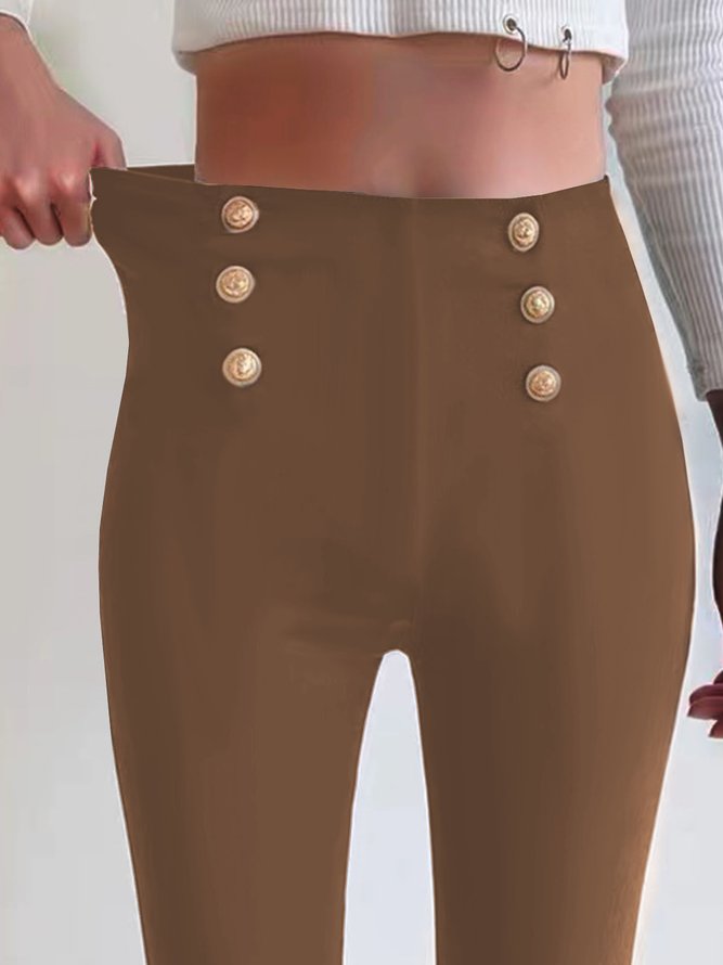 Women Casual Solid High Waist Button Skinny Leggings High Stretchy Work Pants