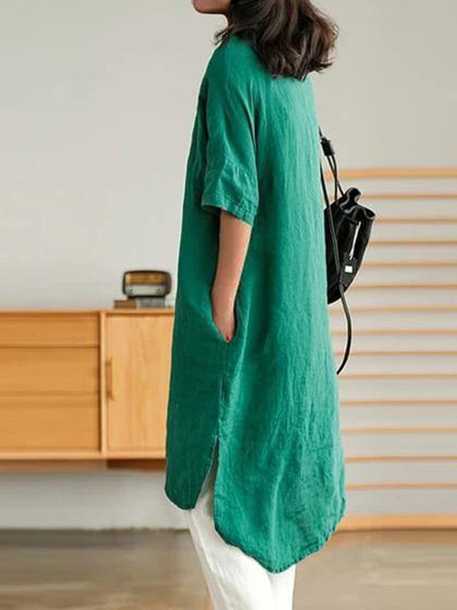 Shawl Collar Casual Cotton Buttoned Dress