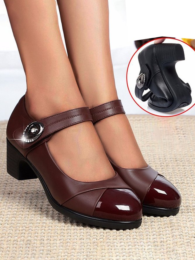 Paneled Leather Rhinestone Velcro Closure Soft Sole Block Heel Mary Jane