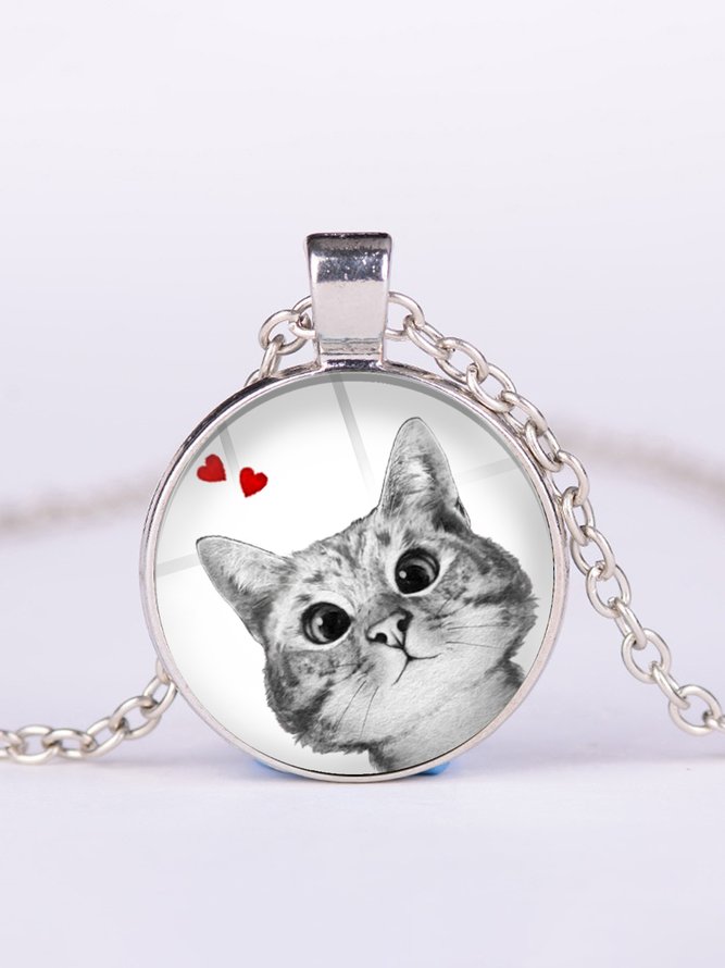 Love Cat Pattern Time Gem Necklace Casual Daily Versatile Jewelry