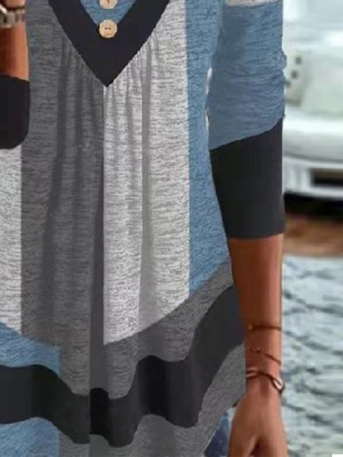 V Neck Buttoned Casual Color Block Ruched Tunic