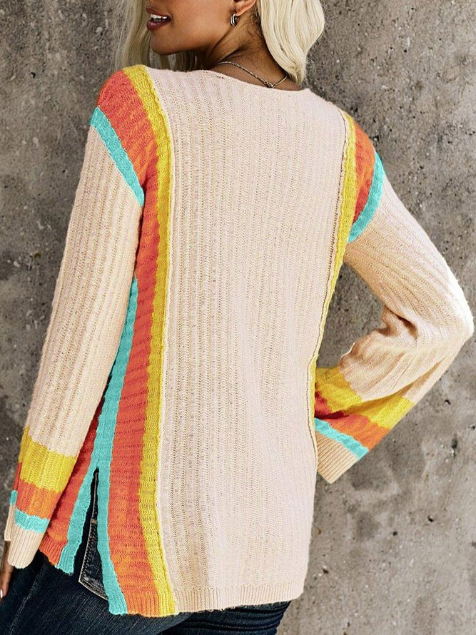 Casual Flare Sleeve Wool/Knitting Color Block Sweater