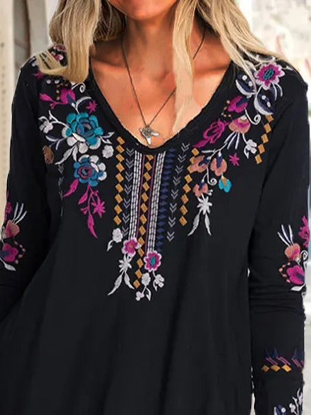 V Neck Casual Ethnic Loose T-Shirt