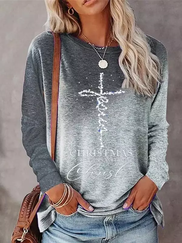Women Christmas Print and Slogan Graphic Ombre Long Sleeve Top
