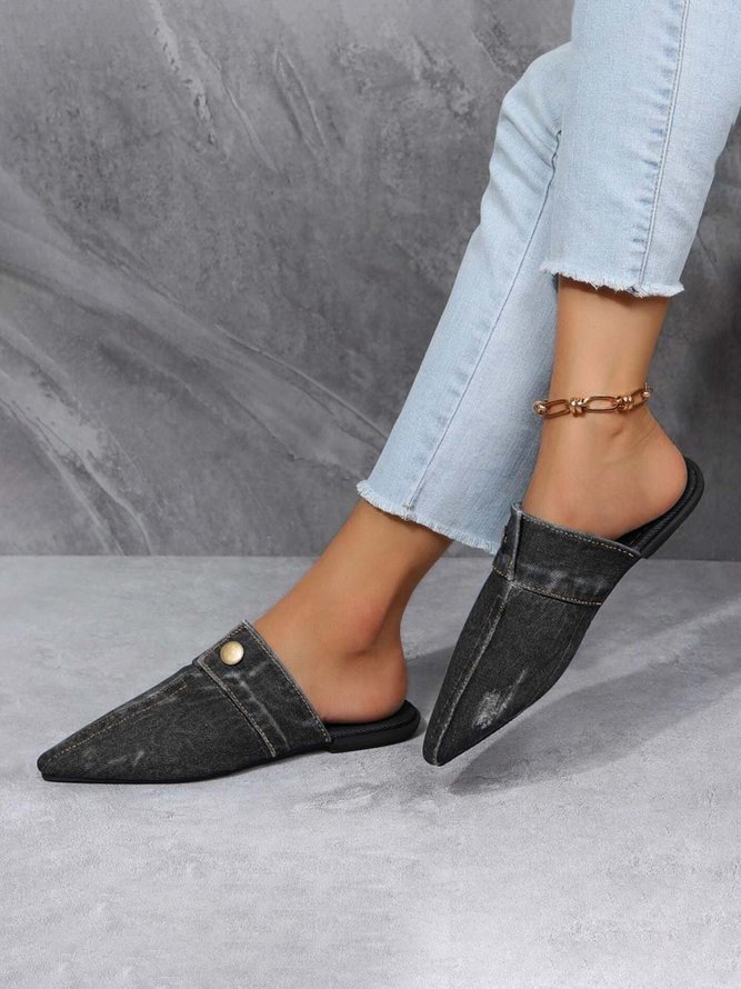 Plus Size Denim Button Decor Point Toe Flat Mules