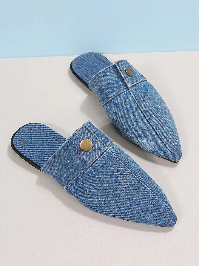 Plus Size Denim Button Decor Point Toe Flat Mules