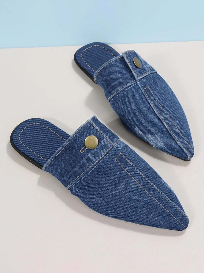Plus Size Denim Button Decor Point Toe Flat Mules
