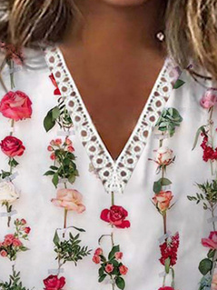 Women V Neck Lace Edge Floral Holiday Long Sleeve Top