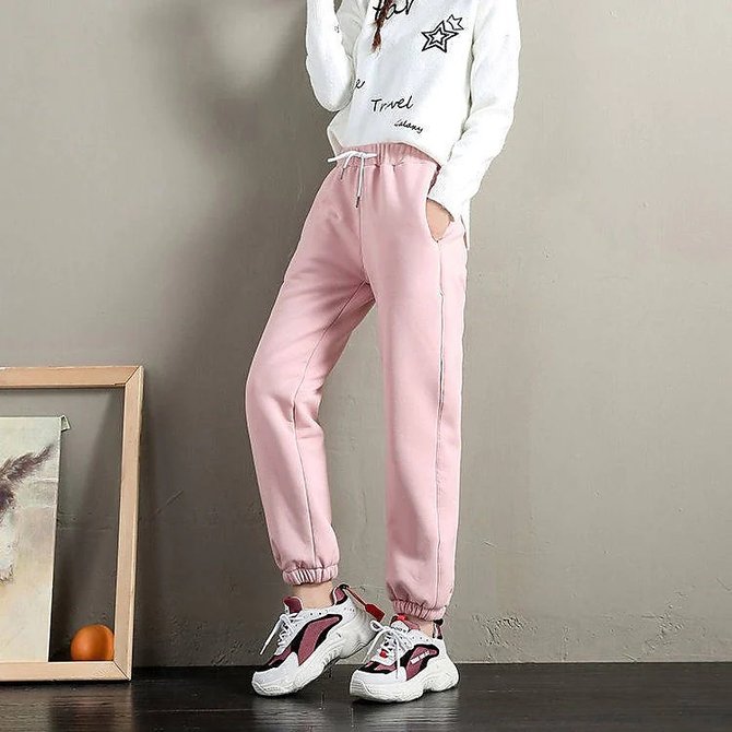 Women's Pants  Drawstring Solid Color Basic Thick Winter Pink