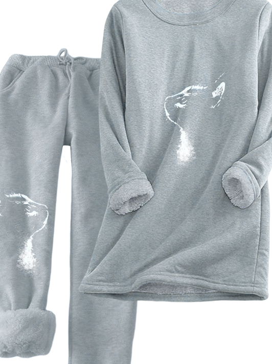 Casual Crew Neck Loose Cat Two-Piece Set