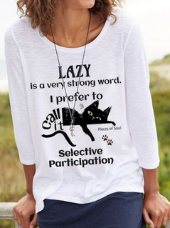 Women Casual Cat and Letter Graphic Crew Neck Long Sleeve Top