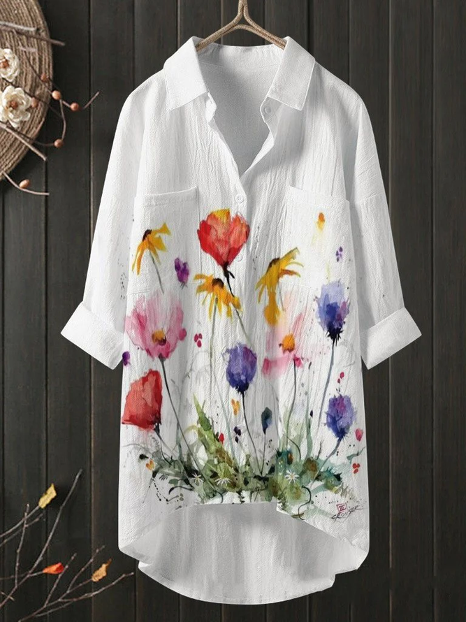 Floral Casual Button V Neck Long Sleeve Linen Blouse