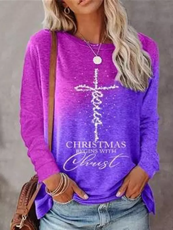Women Christmas Print and Slogan Graphic Ombre Long Sleeve Top