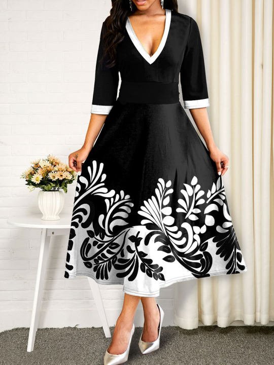 V Neck Branches Casual Dress
