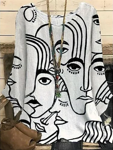 Loose Casual Crew Neck Abstract Long Sleeve Linen Tunic Top