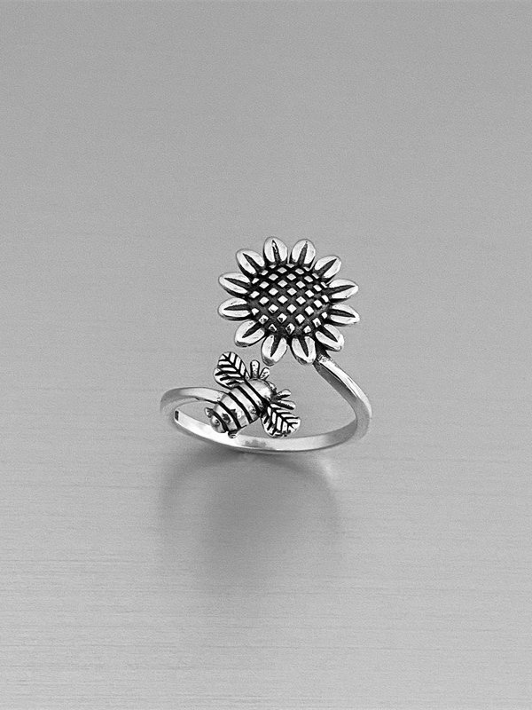 Ethnic Vintage Sunflower Bee Pattern Open Ring Bohemian Distressed Jewelry