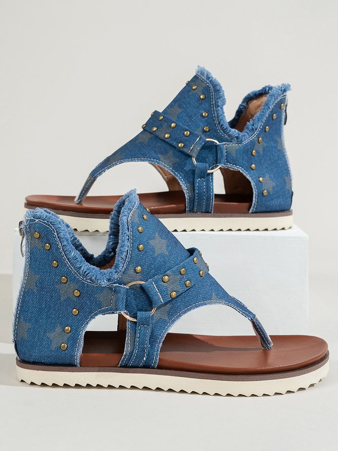 Star Denim Stud Design Casual Thong Sandals