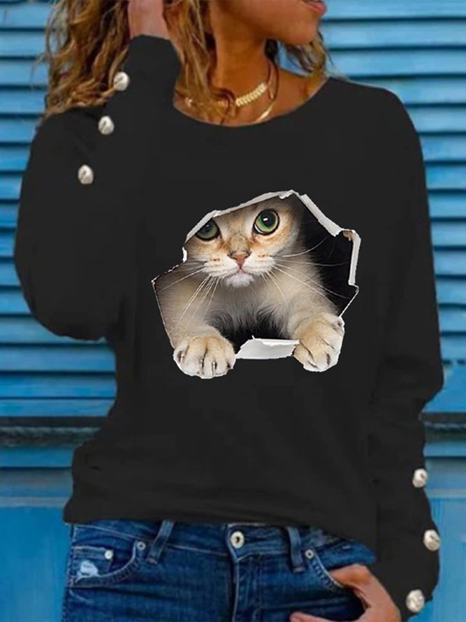 Women Button Crew Neck Casual 3D Cat Print Long Sleeve Top
