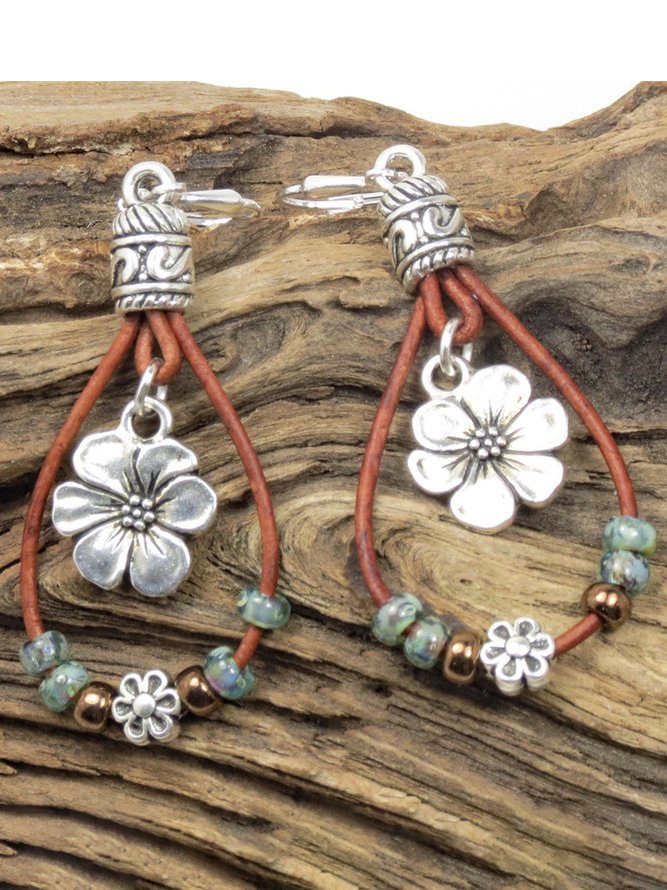 Ethnic Vintage Boho Floral Pattern Leather Earrings
