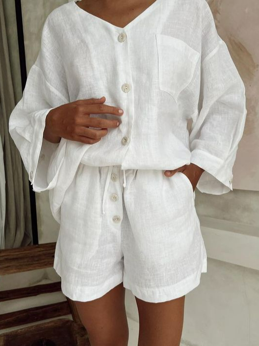 Loose V Neck Casual Linen Two-Piece Set