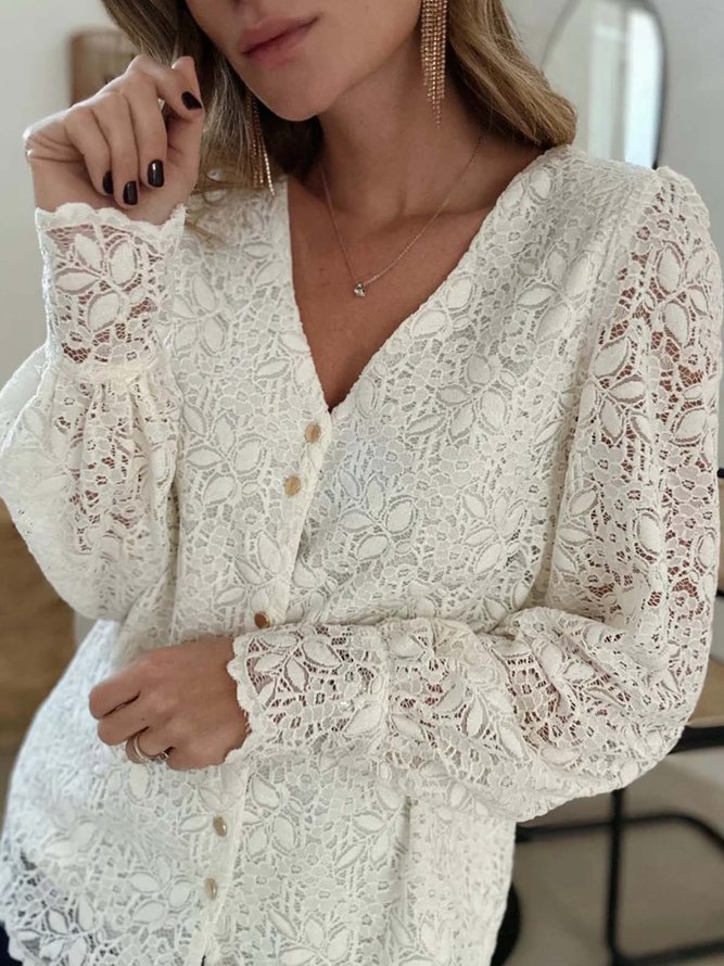 Lace Floral Spring Loose Casual Buttoned Blouse