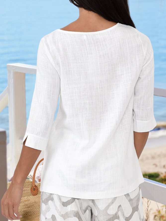 Women Three Quarter Sleeve Asymmetrical Irregular Hem Button Plain Summer Linen Tunic