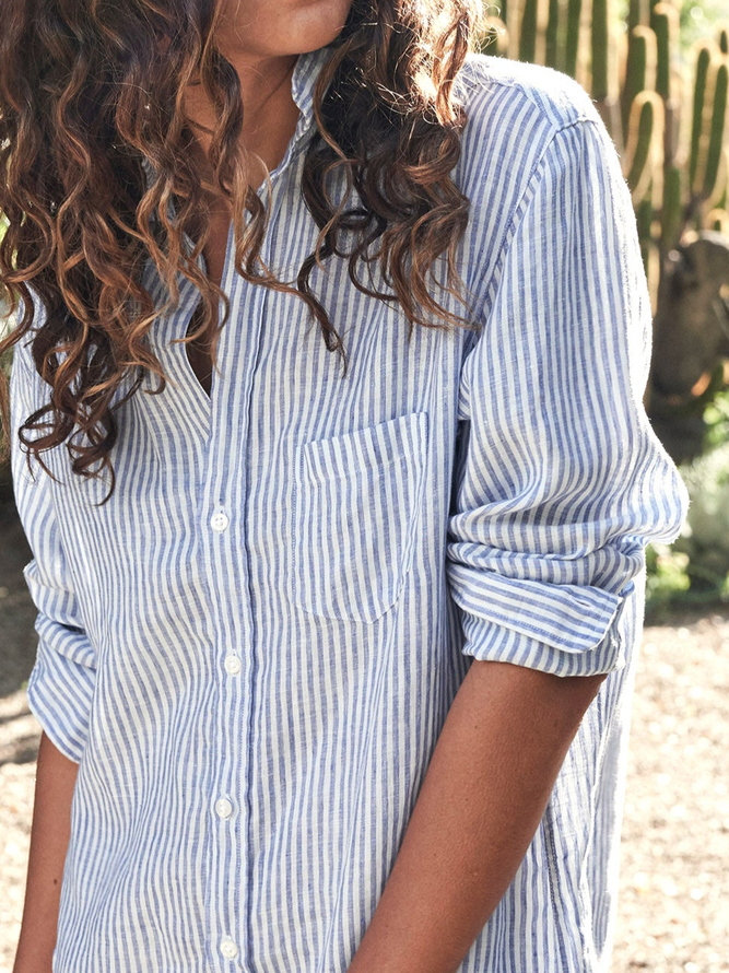 Women Long Sleeve Striped Shirt Dress V Neck Long Sleeve Loose Casual with Pockets Front Button