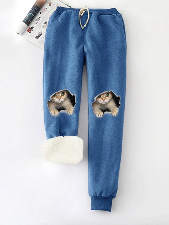 Women Funny Cat Winter Warm Fleece Joggers Pants Thermal Athletic Active Sweatpants