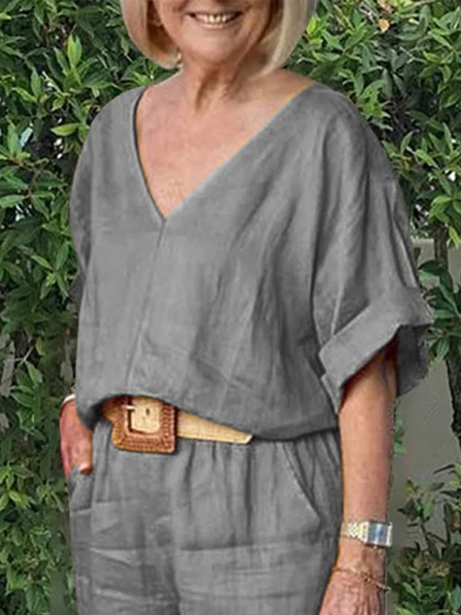 Plain Cotton Casual Loose Two-Piece Set
