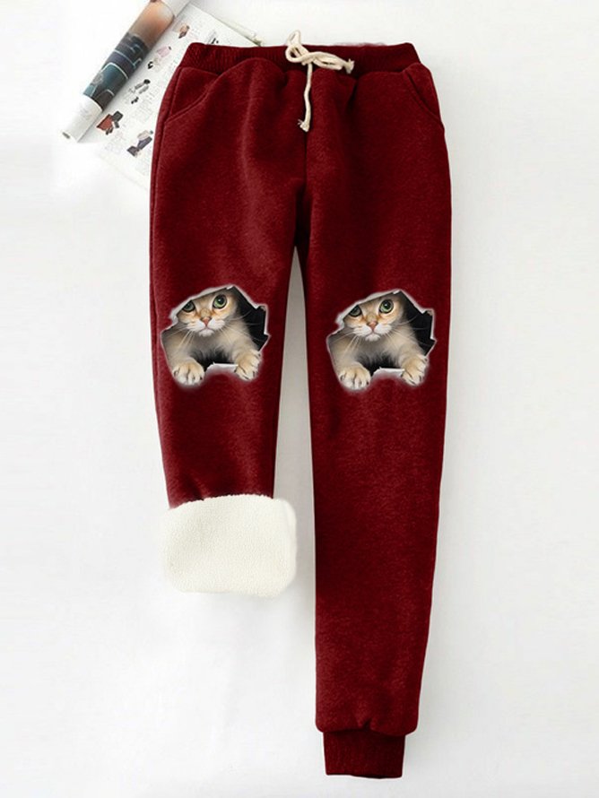 Women Funny Cat Winter Warm Fleece Joggers Pants Thermal Athletic Active Sweatpants