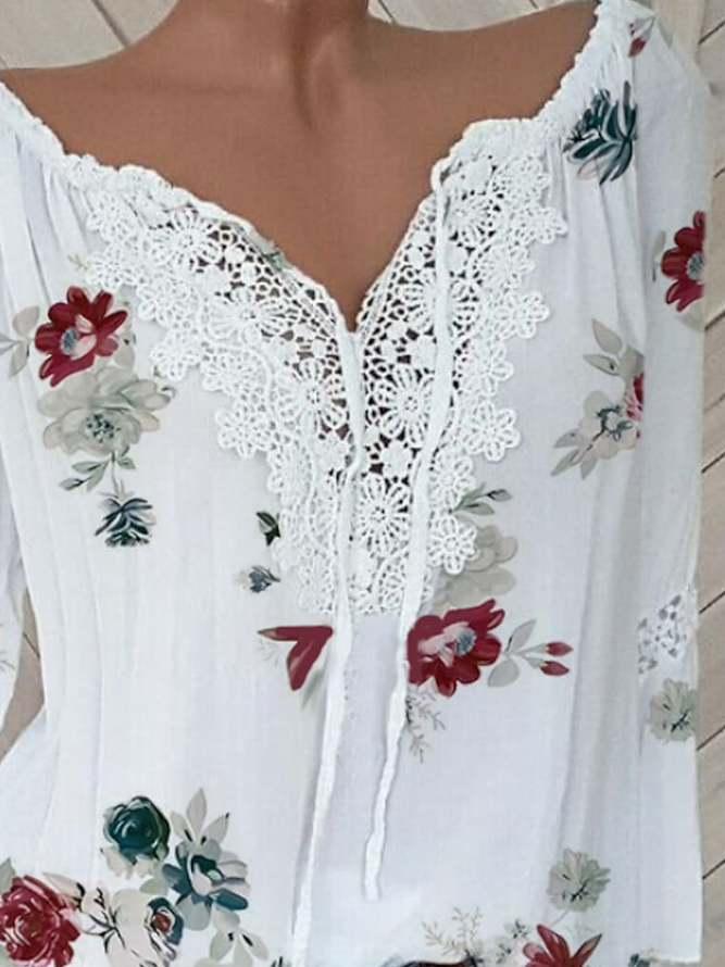 Women Floral Spring Casual Drawstring Lace V Neck Long Sleeve Blouse