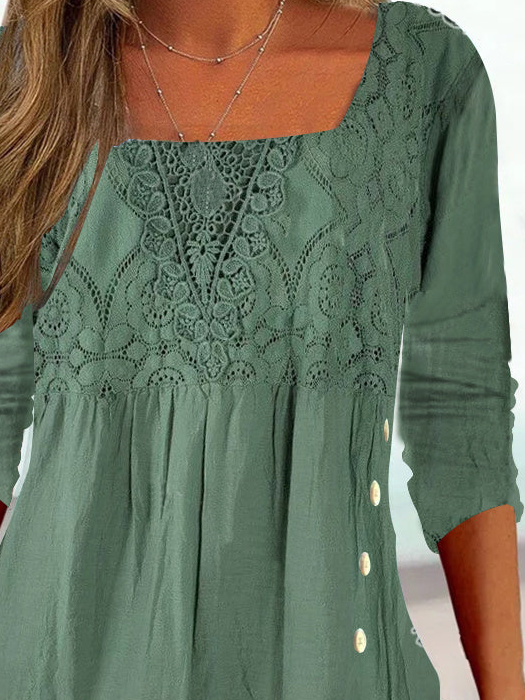 Women Basic Casual Lace Plain Square Neck Button Side Long Sleeve Tunic Top