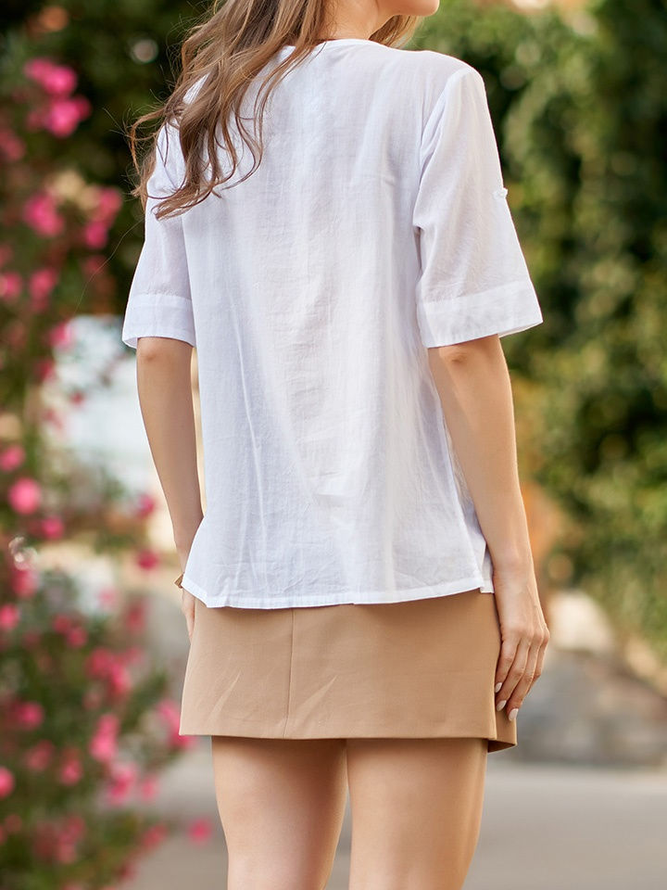 Plain Casual Cotton And Linen Embroidery V Neck Blouse