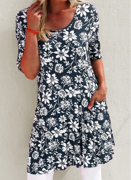 Casual Floral Loose Pocket Crew Neck Short Sleeve Tunic