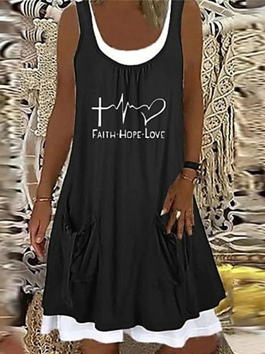 Text Letters Loose Casual Crew Neck Dress