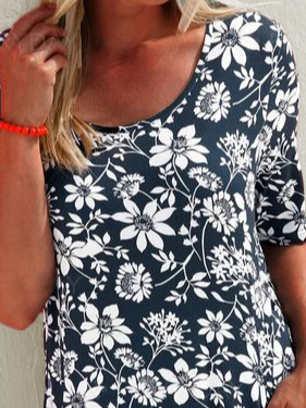 Casual Floral Loose Pocket Crew Neck Short Sleeve Tunic