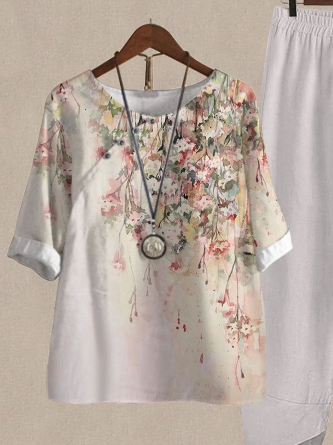 Casual Crew Neck Floral Cotton And Linen Two-Piece Set