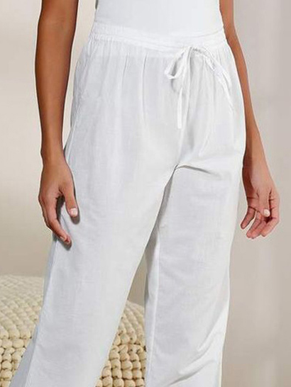 Women Solid Basic Drawstring Waist Casual Plain Lace White Ankle Pants