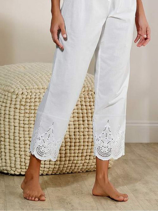 Women Solid Basic Drawstring Waist Casual Plain Lace White Ankle Pants