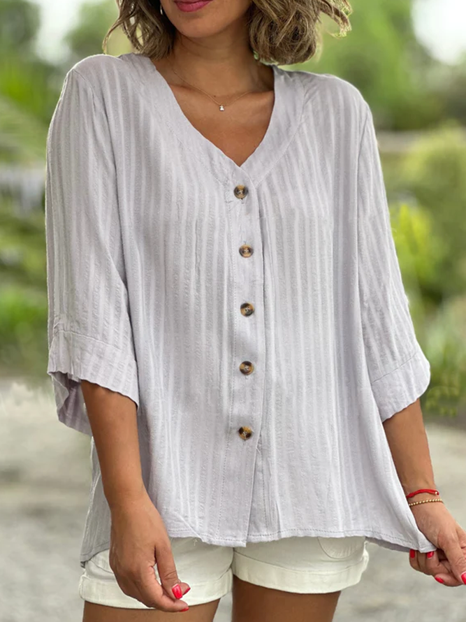 Casual Buttoned Cotton-Blend Striped Blouse