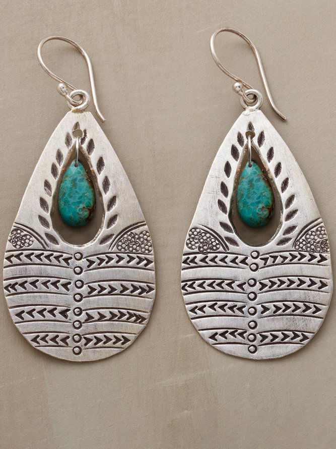 Vintage Natural Turquoise Ethnic Pattern Embossed Earrings Boho Vacation Jewelry
