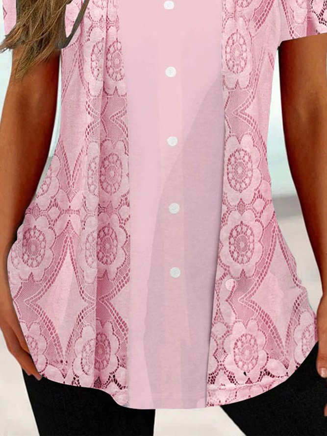Women Pink Summer Lace Daily Square Neck Elegant Tunic