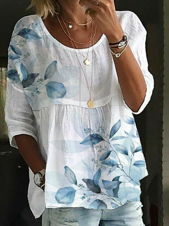 Loose Crew Neck Floral Casual Three Quarter Sleeve Linen Tunic Top