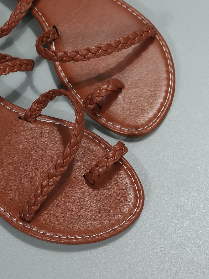 Brown Braided Detail Toe Ring Sandals