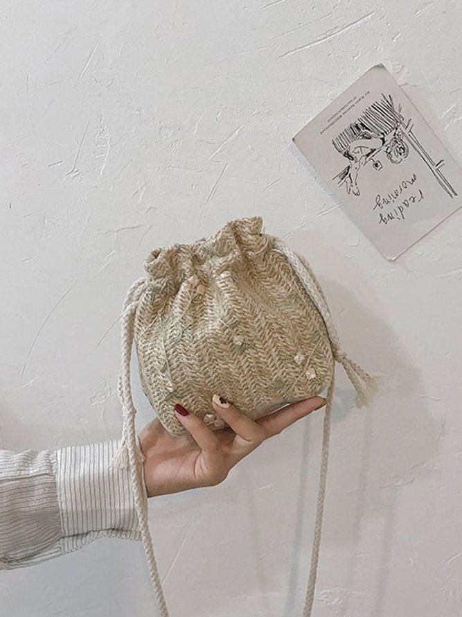 Floral Embroidery Woven Bucket Bag